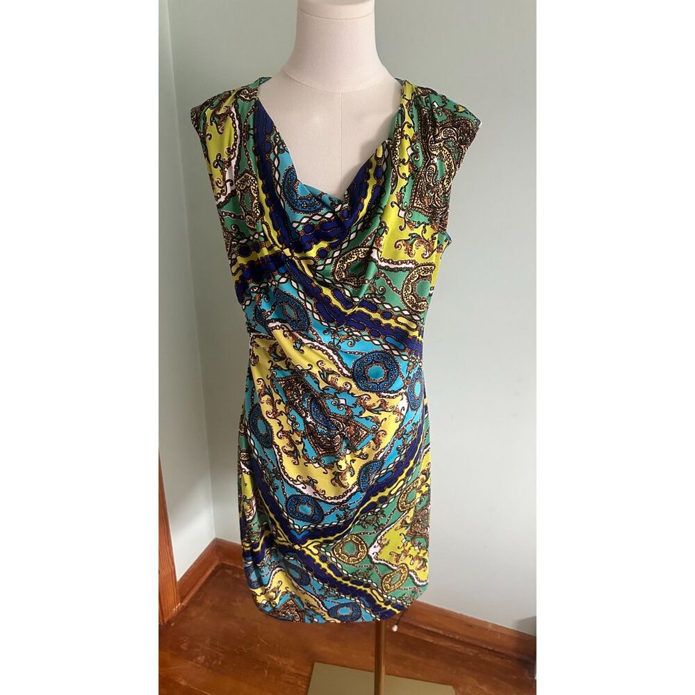 Roz & Ali Sleeveless Cowl Neck Chain Print Cocktail Dress Blue Green 14P